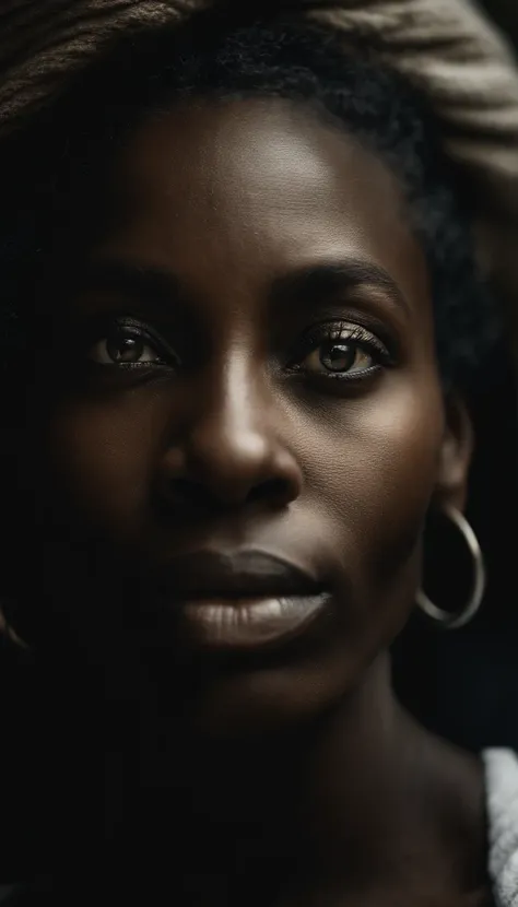 analog style, model photography style, RAW close portrait of a black woman 1, ((beautiful face: 1.7, perfect face: 1.3)), (top: 1.2), best quality, epic (by photo by Lee Jeffries, sony a7, 50 mm , pores: 1.5, colors, hyperdetailed: 1.5, film grain: 1.4, hy...