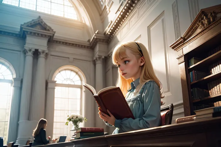 British Museum Reading Room, BREAK, 
blonde girl, bibliomaniac, reading fanatic, frilly dress, cute, 12 years old, British Museum Reading Room,low angle, from below, foreshortening