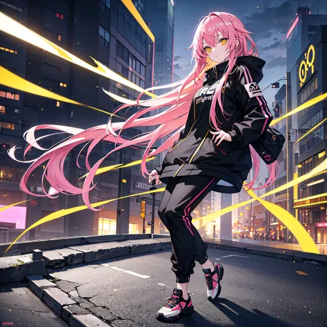 1girl, long pink hair, yellow eyes, wearing black training streetwear jacket, black pants, japan city, absurdres, high res, ultrasharp, 8K, masterpiece, looking at viewer