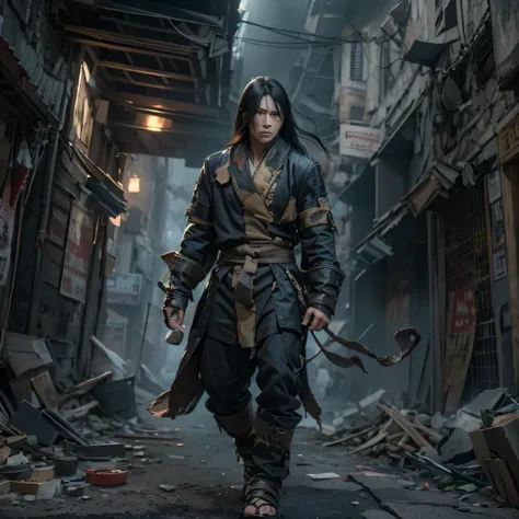 The wounded line the streets（Doomsday ruins）Climb the streets（Doomsday ruins）eyes filled with angry，He clenched his fists，Rush up，Deliver a fatal blow to your opponent，full bodyesbian，Full Body Male Mage 32K（tmasterpiece，hyper HD）Long flowing black hair，Ca...