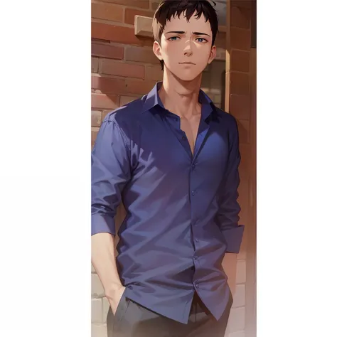 arafed man in a blue shirt standing in front of a brick wall, dark blue shirt, handsome man, beautiful man, navy shirt, wearing in shirt, handsome male, attractive man, artistic pose, edited, handsome, blue shirt, handsome and attractive, profile shot, ver...