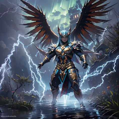 (A winged warrior who has swam through rivers of lightning),fotorrealista:1.37,Altas Resoluciones,vivid colors,Bokeh,Renderizado 3D,foco nítido,ultra detallado,Studio lighting,Guerrero,fierce expression,armadura,plumaje,Alas poderosas,lightning bolts,Auror...