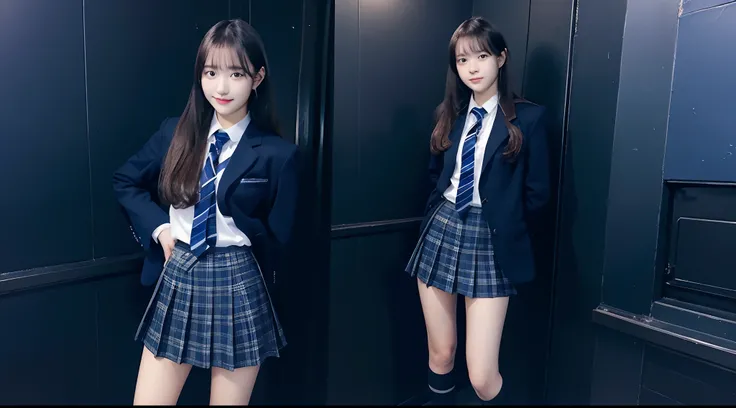 18-year-old high school girl in a dark blue miniskirt