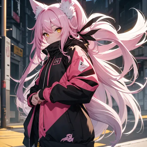 1girl, long pink hair, yellow eyes, wearing black training streetwear jacket, black pants, white kitsune mask, japan city, absurdres, high res, ultrasharp, 8K, masterpiece, looking at viewer