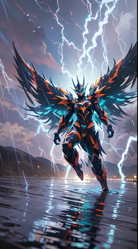 (A winged warrior who has swam through rivers of lightning),fotorrealista:1.37,Altas Resoluciones,vivid colors,Bokeh,Renderizado 3D,foco nítido,ultra detallado,Studio lighting,Guerrero,fierce expression,armadura,plumaje,Alas poderosas,lightning bolts,Auror...