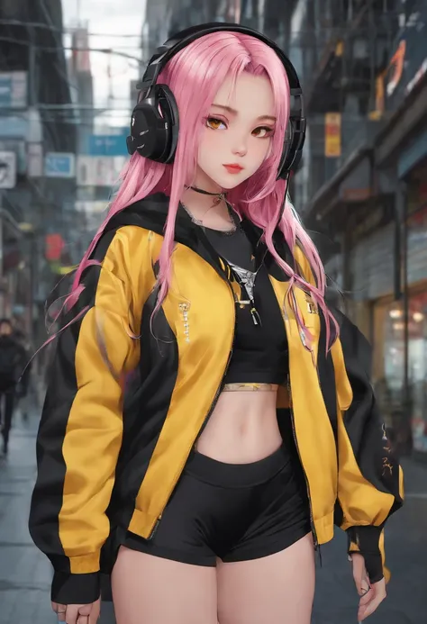 1girl, long pink hair, yellow eyes, wearing black training streetwear jacket, black pants, wearing headphones, japan city, absurdres, high res, ultrasharp, 8K, masterpiece, looking at viewer