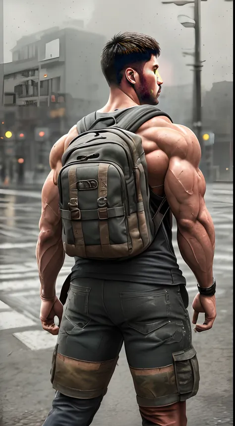 Strong muscular man, street rage, backpack, epic realism, photo, faded, complex stuff around, complex background, wet, neutral colors, ((((hdr)))), (((( muted colors)))), complex scene, artstation, intricate details, vignette