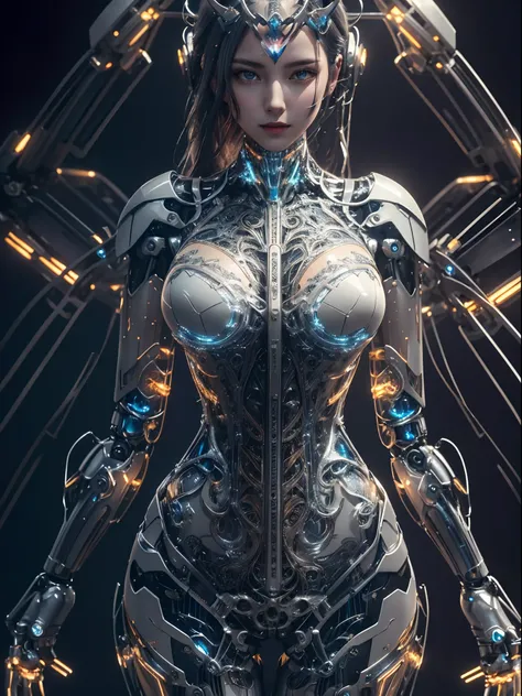 masterpiece,best quality,ultra-detailed,very detailed illustrations,extremely detailed,intricate details,highres,super complex details,extremely detailed 8k cg wallpaper,cowboy shot, reflections, ray tracing,dark aura,cyber effect, (1girl:1.4),solo,alone,m...