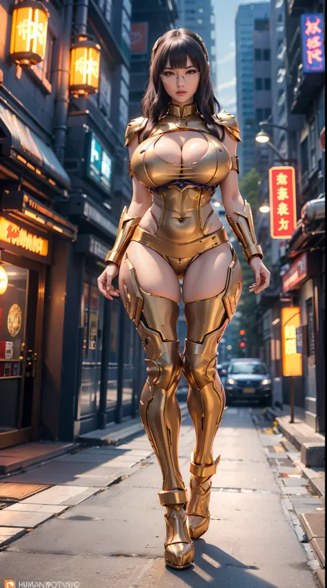 (UNREAL ENGINE 5), (DRAGON QUEEN), FRONT BANGS HAIR, (GLASSES), (HUGE FAKE BOOBS:1.3), (BEAUTIFUL FACE), (BLUE, GOLD, ORANGE), (CYBERPUNK STREET CITY BACKGROUND), (CYBER MECHA ARMOR), (CLEAVAGE), (SKINTIGHT MECHA YOGA PANTS), (MECHA HIGH HEELS), (PERFECT B...