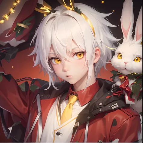 Anime illustration, White haired boy with rabbit ears with yellow eyes, in a red jacket and black school uniform with yellow tie, tangled in Christmas tree lights, wearing a Santa hat, in a Christmas decorated town