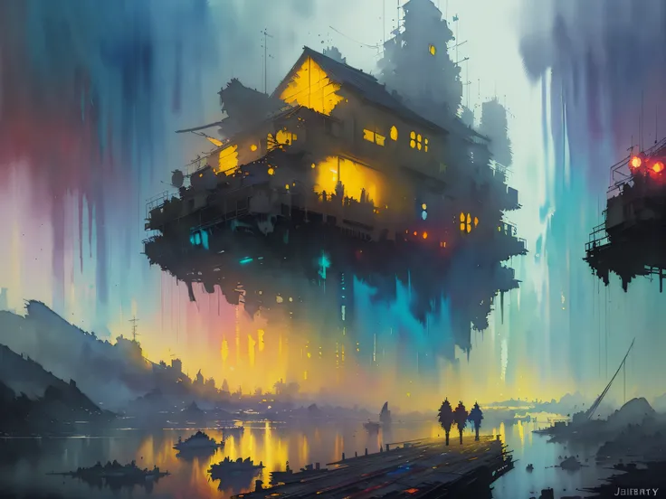 colorful, ((watercolor painting by John Berkey and Jeremy Mann)) brush strokes, sweater, 8k, fantasy art, mysterious, Bokeh, and floating islands, (photorealistic painting, masterpiece:1.2, vibrant color palette:1.1), dramatic, (best quality:1.1), misty ni...