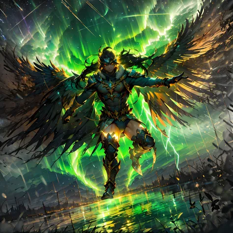 (A winged warrior who has swam through rivers of lightning),fotorrealista:1.37,Altas Resoluciones,vivid colors,Bokeh,Renderizado 3D,foco nítido,ultra detallado,Studio lighting,Guerrero,fierce expression,armadura,plumaje,Alas poderosas,lightning bolts,Auror...