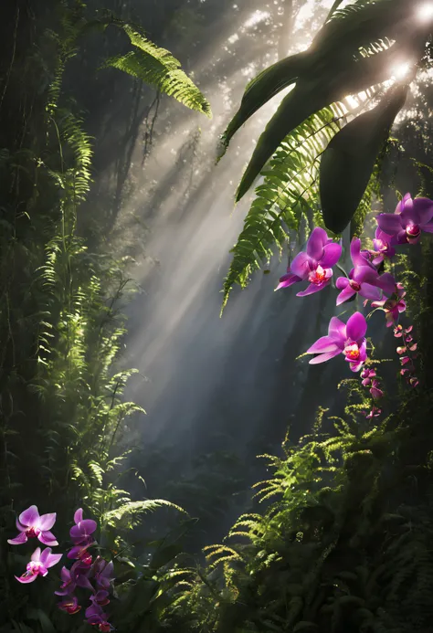 a beautiful photo of dense forest, creeping rope, fern, orchids, rays of sun, fog