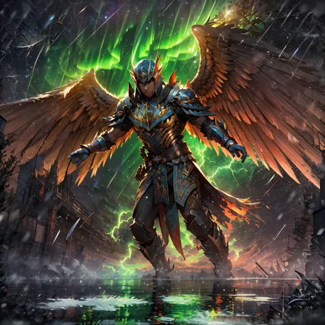 (A winged warrior who has swam through rivers of lightning),fotorrealista:1.37,Altas Resoluciones,vivid colors,Bokeh,Renderizado 3D,foco nítido,ultra detallado,Studio lighting,Guerrero,fierce expression,armadura,plumaje,Alas poderosas,lightning bolts,Auror...