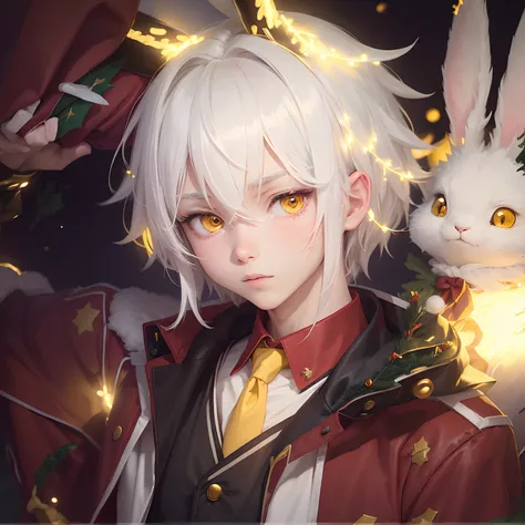 Anime illustration, White haired boy with rabbit ears with yellow eyes, in a red jacket and black school uniform with yellow tie, tangled in Christmas tree lights, wearing a Santa hat, in a Christmas decorated town