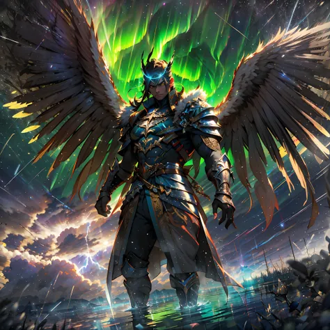 (A winged warrior who has swam through rivers of lightning),fotorrealista:1.37,Altas Resoluciones,vivid colors,Bokeh,Renderizado 3D,foco nítido,ultra detallado,Studio lighting,Guerrero,fierce expression,armadura,plumaje,Alas poderosas,lightning bolts,Auror...