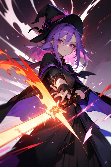 goth style，femele，magia，Holds a one-handed sword in his left hand，The right hand gathers the fireball，Master of the Sword，redheadwear，Purple eye