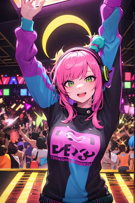 upper body,  female dj, colorful clothes , quirky, vibrant appearance,  playful accessories, creative behavior, imaginative, sensual, spontaneous, dj headphones, mixing console, music club, night club, indie theaters, people dancing on the dance floor back...