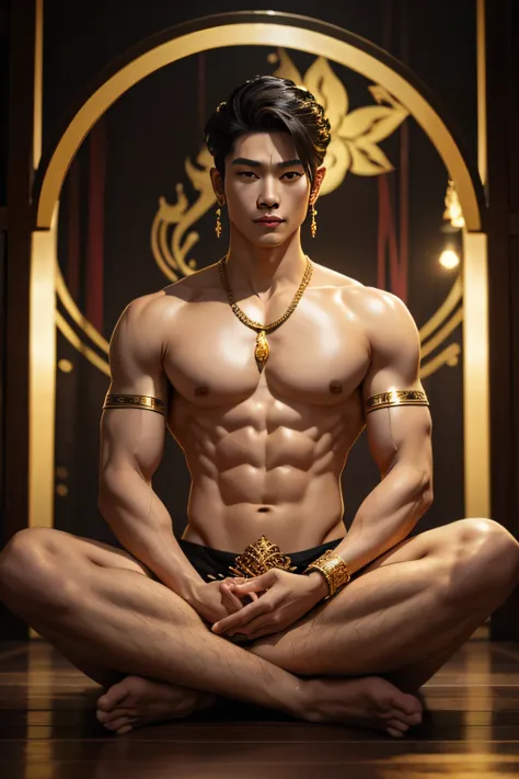 god, Thai Style, man, No shirt., Meditate, handsome, proportional body, gold jewelry