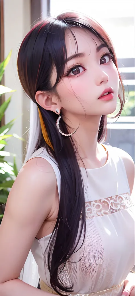 Arakfi Asian woman，long whitr hair，wears a white dress, shaxi, earring, Long Earings, Earrings, Gorgeous young Korean woman, Wearing pearl earrings, Shin Jinying, bae suzy, xintong chen, silver earring, Choi Hyun-hwa, wearing ornate earrings, Beautiful you...