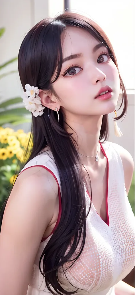 Arakfi Asian woman，long whitr hair，wears a white dress, shaxi, earring, Long Earings, Earrings, Gorgeous young Korean woman, Wearing pearl earrings, Shin Jinying, bae suzy, xintong chen, silver earring, Choi Hyun-hwa, wearing ornate earrings, Beautiful you...