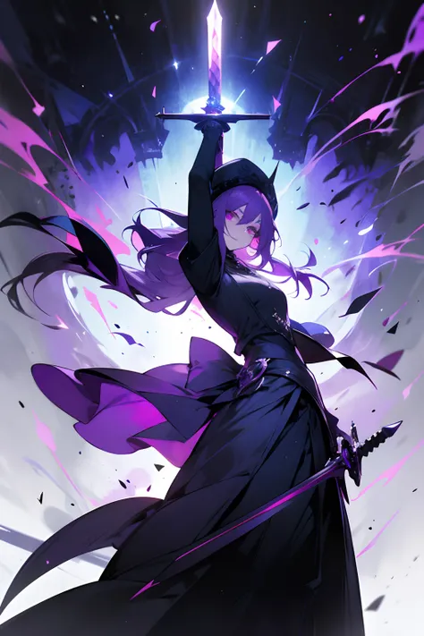 goth style，femele，magia，Holding a one-handed sword，Master of the Sword，redheadwear，Purple eye，Stand in an eerie Gothic castle，Elven traits，Elegant and beautiful，shudder