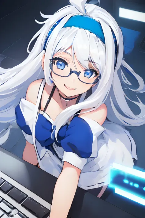 ((((1 girl)))), ((((solo)))), fullbody, ((((white hair)))), long hair, ((((blue hairband)))), ((((blue eyes)))), happy, smile, 18 year old, dynamic angle, suit, glasses, office, personal computer