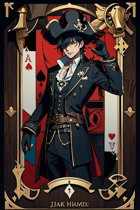 1boys, masterpiece, wide-brimmed hat with jack of spades card embedded, pirate attire inspired by poker cards, 8k, 4k, dark lighting, evil, ship deck