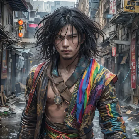 （Rainbow ruins）Climb the streets（Doomsday Rainbow）eyes filled with angry，He clenched his fists，Rush up，Deliver a fatal blow to your opponent，full bodyesbian，Full Body Male Mage 32K（Masterpiece rainbow，Rainbow Ultra HD）Long flowing black hair，Campsite size，...