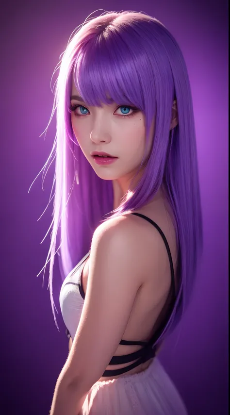 (lavender hair, shining, reflective light), (purple eyes, vibrant, glowing), purple backdrop, cinematic lighting