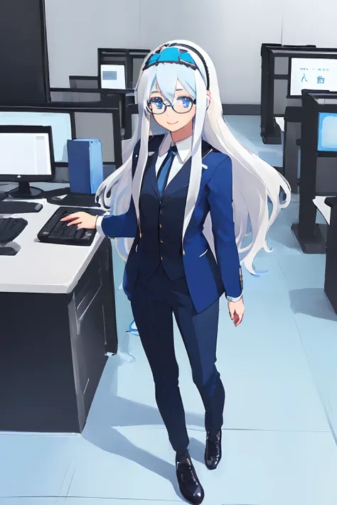 ((((1 girl)))), ((((solo)))), fullbody, ((((white hair)))), long hair, ((((blue hairband)))), ((((blue eyes)))), happy, smile, 18 year old, dynamic angle, suit, round glasses, office, personal computer, business