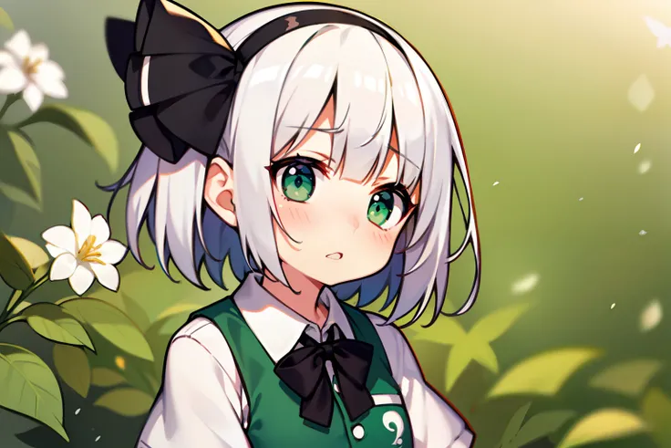 konpaku youmu、beautiful countenance、Petite、White hair、Green eyes、Single-color background、embarrassed from、shortsleeves、