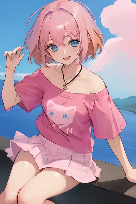 ((((1 girl)))), ((((solo)))), fullbody, ((((pink hair)))), short hair, ((((blue eyes)))), happy, smile, 18 year old, dynamic angle,  cat logo tee, red tee, off shoulder tee, red necklace, white tutu skirt, beautiful detailed sky, dawn