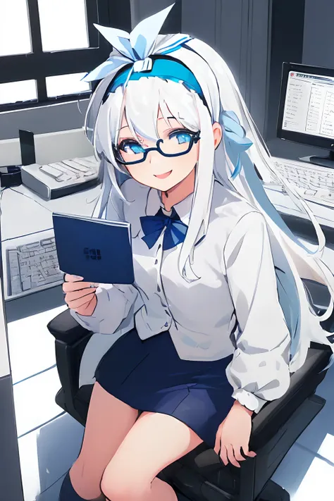 ((((1 girl)))), ((((solo)))), fullbody, ((((white hair)))), long hair, ((((blue hairband)))), ((((blue eyes)))), happy, smile, 18 year old, dynamic angle, suit, round glasses, office, personal computer, business