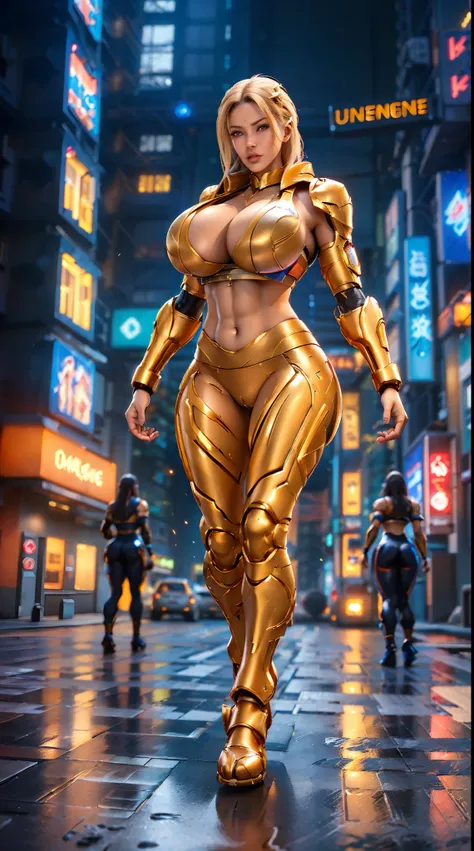 (UNREAL ENGINE 5), (DRAGON QUEEN), (HUGE FAKE BOOBS:1.3), (BEAUTIFUL FACE), (BLUE, GOLD, ORANGE), (CYBERPUNK STREET CITY BACKGROUND), (CYBER MECHA CROP TOP), (CLEAVAGE), (SKINTIGHT MECHA YOGA PANTS), (MECHA HIGH HEELS), (PERFECT BODY:1.2), (LOOKING AT VIEW...