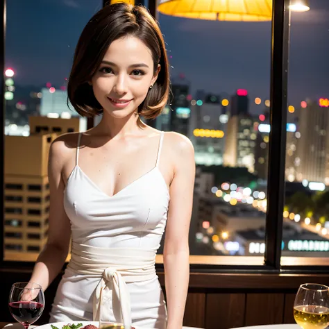 (64K, UHD, top quality, masterpiece: 1.2), (realistic, photorealistic: 1.37), super detailed, pretty woman 1 person, (slim face), (slim body), (brown hair), (short cut), cheeks slightly blushing, (44 years old), 38 years old, solo, beautiful detailed urban...