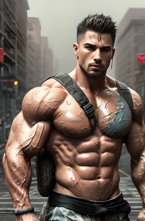 Strong muscular man, street rage, backpack, epic realism, photo, faded, complex stuff around, complex background, wet, neutral colors, ((((hdr)))), (((( muted colors)))), complex scene, artstation, intricate details, vignette