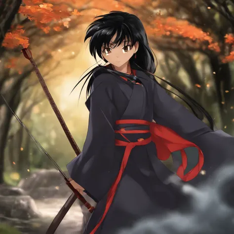 A Japanese girl，Inuyasha anime，Anime character Kirito，inspired by Rumiko Takahashi，Wearing witch robes，Pull the bow and arrow，Behind his back with an arrow barrel on his back，tmasterpiece，Master quality