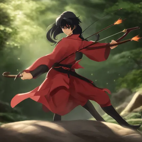 A Japanese girl，Inuyasha anime，Anime character Kirito，inspired by Rumiko Takahashi，Wearing witch robes，Pull the bow and arrow，Behind his back with an arrow barrel on his back，tmasterpiece，Master quality