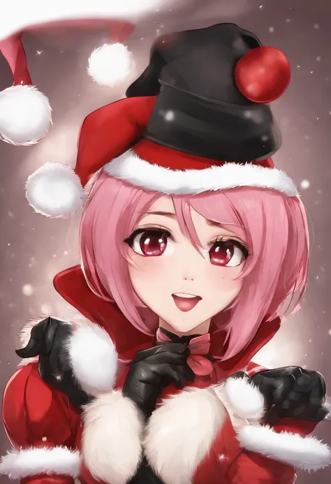 masterpiece,1girl, serina,pink_hair, gloves, black_gloves, fur_trim, hat, santa_costume, christmas, open_mouth, smile, bell, solo, red_headwear, pantyhose, white_background, pink_eyes, santa_hat,