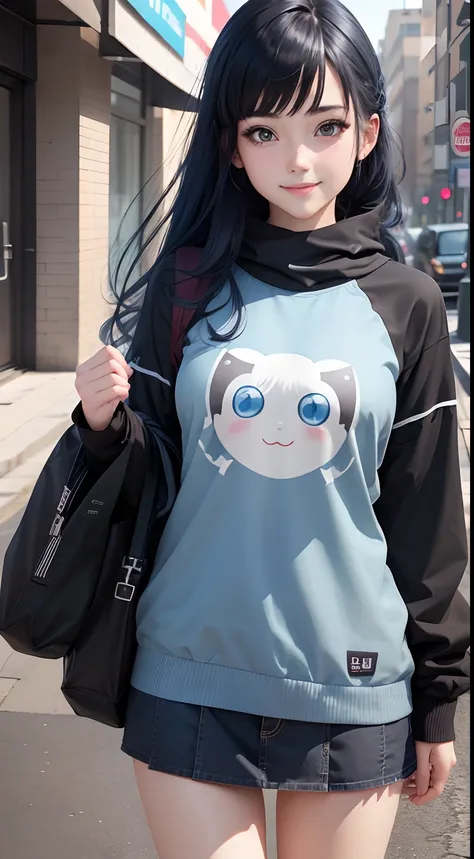 Anime girl, face: cuteness and smiling, eyes: cute and blue colour, clothes: modern clothes blue colour, hair: half black and half blue with best hairstyle, background: dark black, image type: ultra realistic 8k.