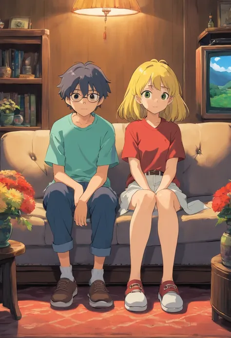 2 man are sitting on a couch, one have dark yellow hair, the other one have black hair, one have dark green eyes, the other one have dark blue eyes, they are twinkish, they both wear t-shirts, they have hair on their legs, they wear a bit long shorts, cart...