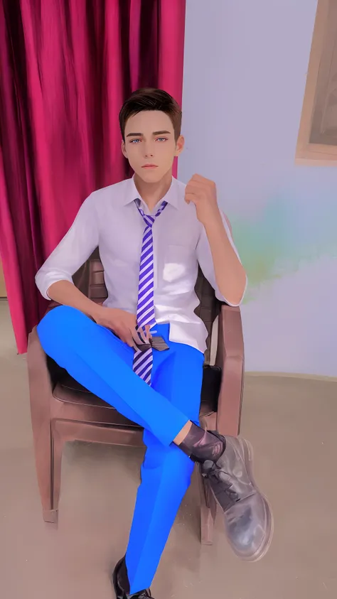 virtual_youtuber, 1boy, male_focus, solo, brown_hair, necktie, purple_eyes, simple_background, brown_footwear, full_body, straight-on, looking_at_viewer, pants, white collared shirt, hair_between_eyes, (VERY DETAILED EYES:1.5)