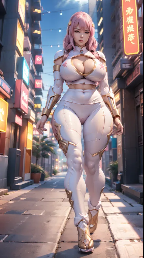 (UNREAL ENGINE 5), (DRAGON QUEEN), (HUGE FAKE BOOBS:1.3), (BEAUTIFUL FACE), (PINK, WHITE, GOLD), (CYBERPUNK STREET CITY BACKGROUND), (CYBER MECHA CROP TOP), (CLEAVAGE), (SKINTIGHT MECHA YOGA PANTS), (MECHA HIGH HEELS), (PERFECT BODY:1.2), (LOOKING AT VIEWE...