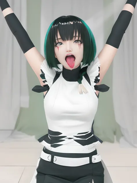 tmasterpiece， Best quality at best， 1girll， 独奏， teardrop， Be red in the face， dreads， scream， and the tongue sticks out， laughingly， with her mouth open， roll eyes， head looking up， full bodyesbian， Armpits， Arms up， （Torso grab， Tickle， mitts， Intangible ...