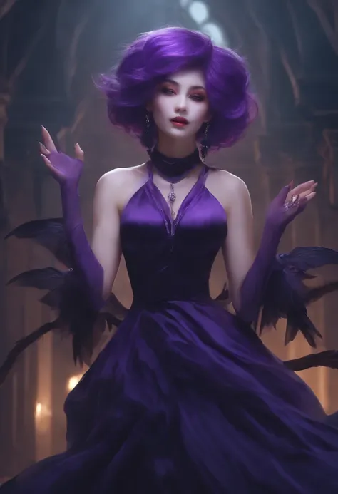 ghost, (Monster Girl), Purple skin, Spikes, Sparrowy purple hair, Fangs grinned, Floating hands, Wearing a dark purple dress, floating in mid-air, Masterpiece, Best quality