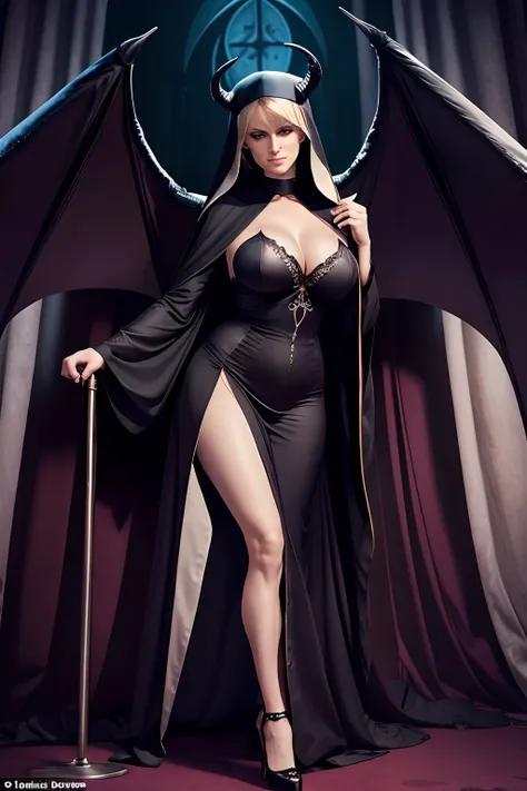 Stormy Daniels: The evil nun,en robe de nonne sexy, Two Demon Horns on the head, demon wings, diabolique, insidieux, Dark and Sinister Satanic Church