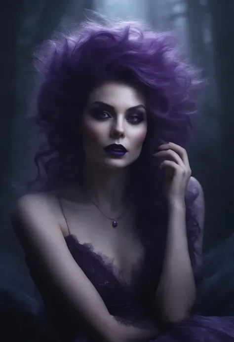 A ghostly, monstrous girl with purple skin and spiky purple hair. She wears a deep purple dress and has sharp fangs, grinning mischievously. Her hands float in the air as she hovers above the ground. The image is a masterpiece of the highest quality, with ...