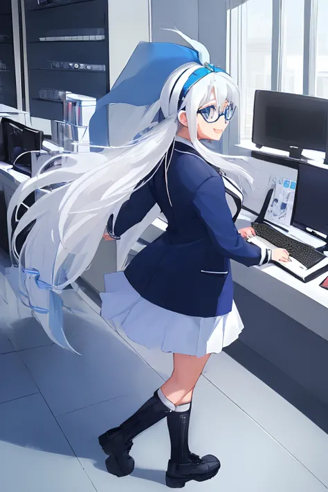 ((((1 girl)))), ((((solo)))), fullbody, ((((white hair)))), long hair, ((((blue hairband)))), ((((blue eyes)))), happy, smile, 18 year old, dynamic angle, suit, round glasses, office, personal computer, business, from behind