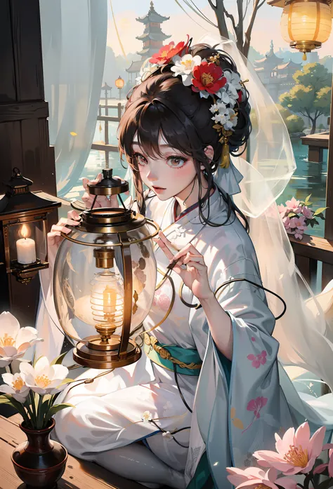 there is a woman sitting on a table with a lantern, palace ， a girl in hanfu, white hanfu, traditional beauty, artwork in the style of guweiz, hanfu, girl under lantern, ethereal beauty, chinese style, with acient chinese clothes, wearing ancient chinese c...